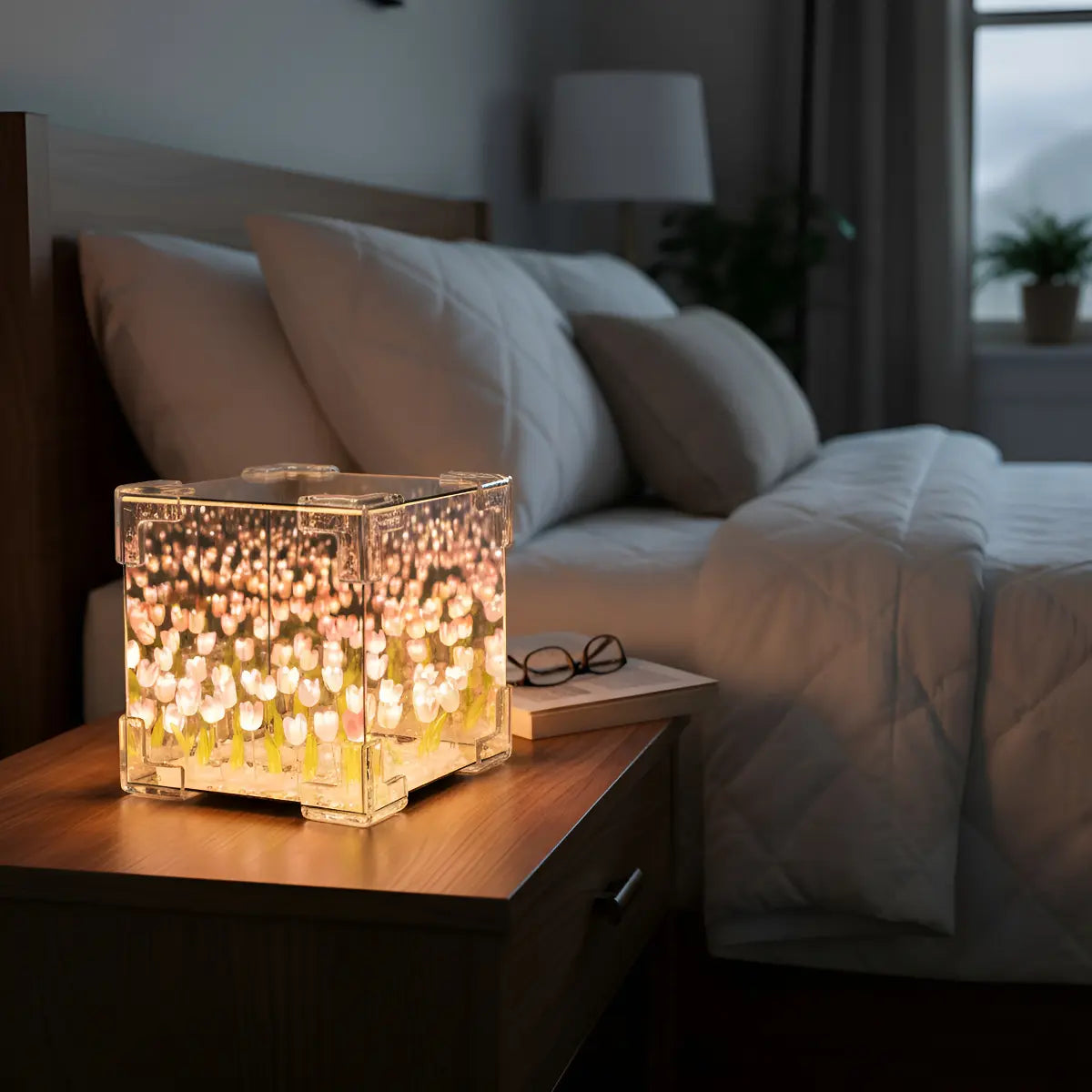 Lámpara Espejo Infinito Cubo LED con Flores – Decorativa Armable 12cm Personalizable