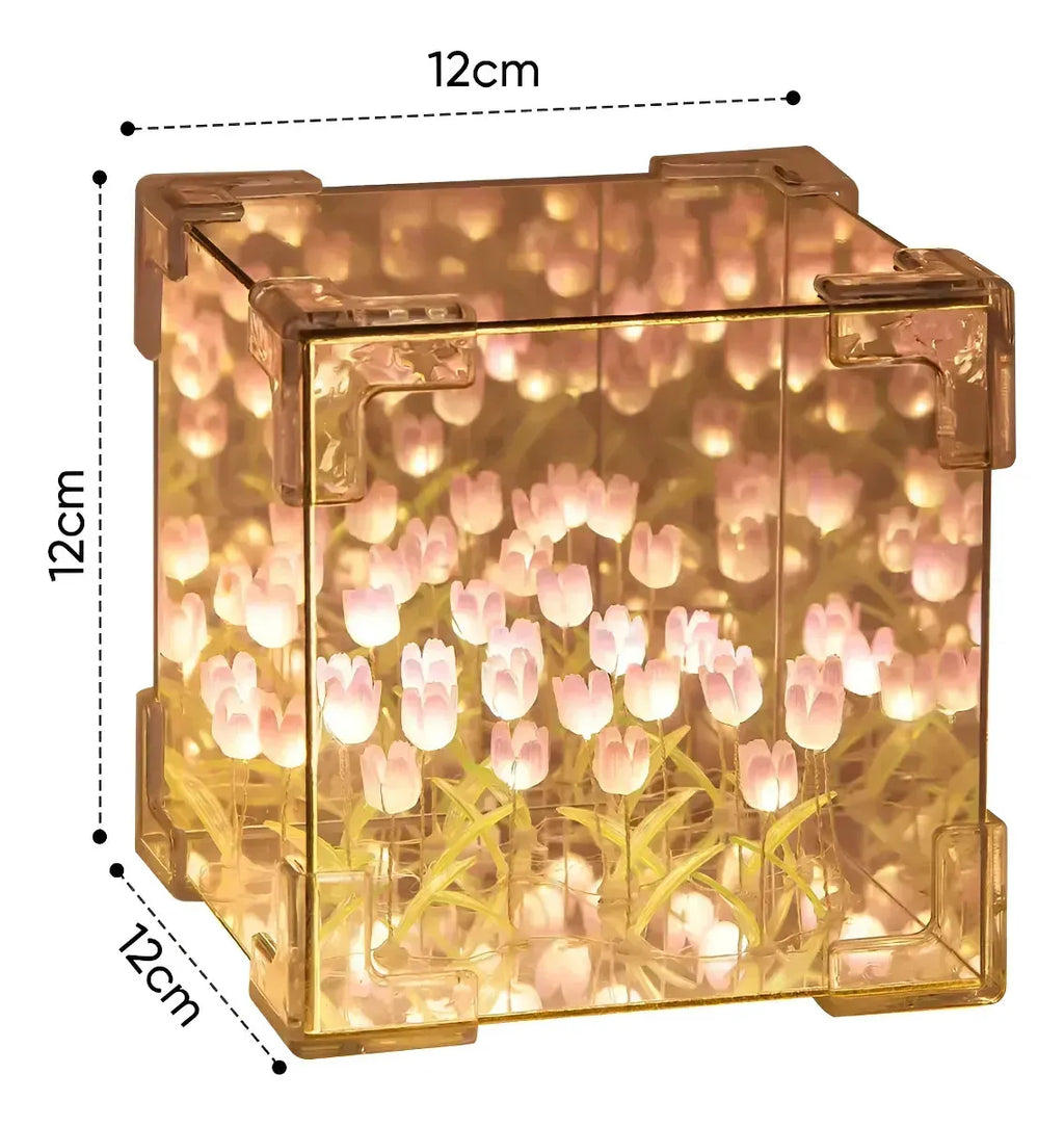 Lámpara Espejo Infinito Cubo LED con Flores – Decorativa Armable 12cm Personalizable
