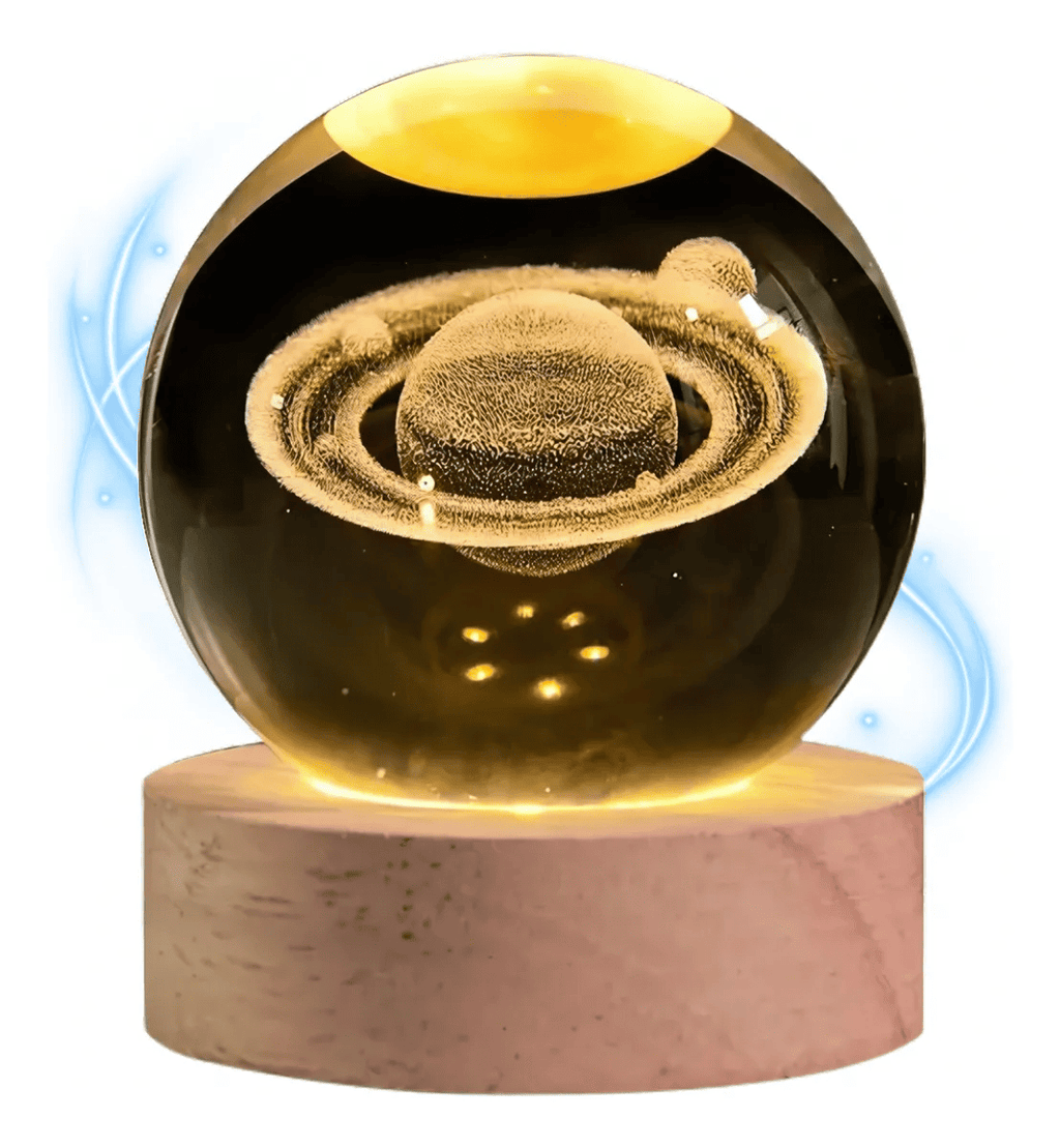 Lámpara Esfera Cristal 3D LED Saturno con Base de Madera – Velador Decorativo USB