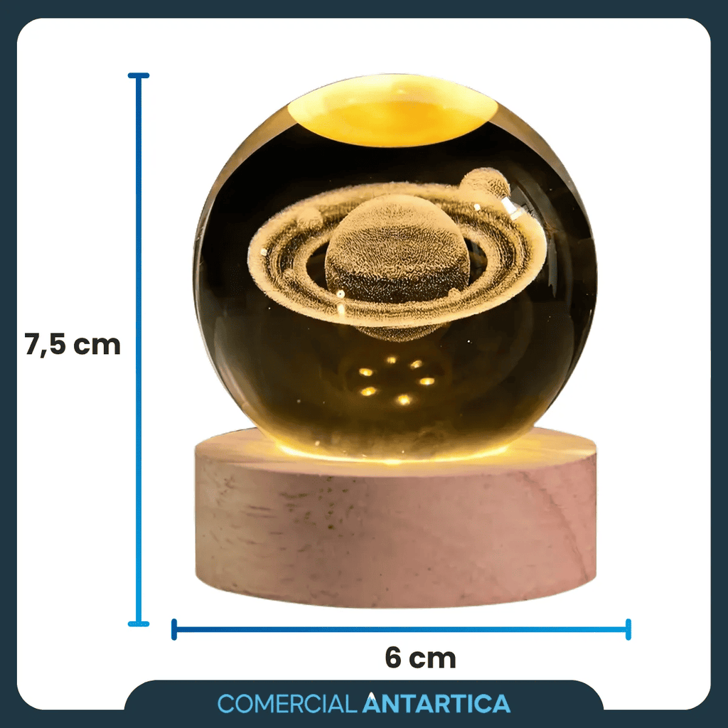 Lámpara Esfera Cristal 3D LED Saturno con Base de Madera – Velador Decorativo USB