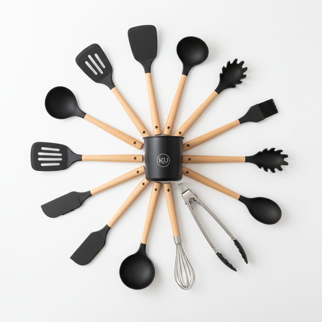 Juego de Utensilios de Cocina 12 Piezas – Silicona y Madera de Haya con Soporte