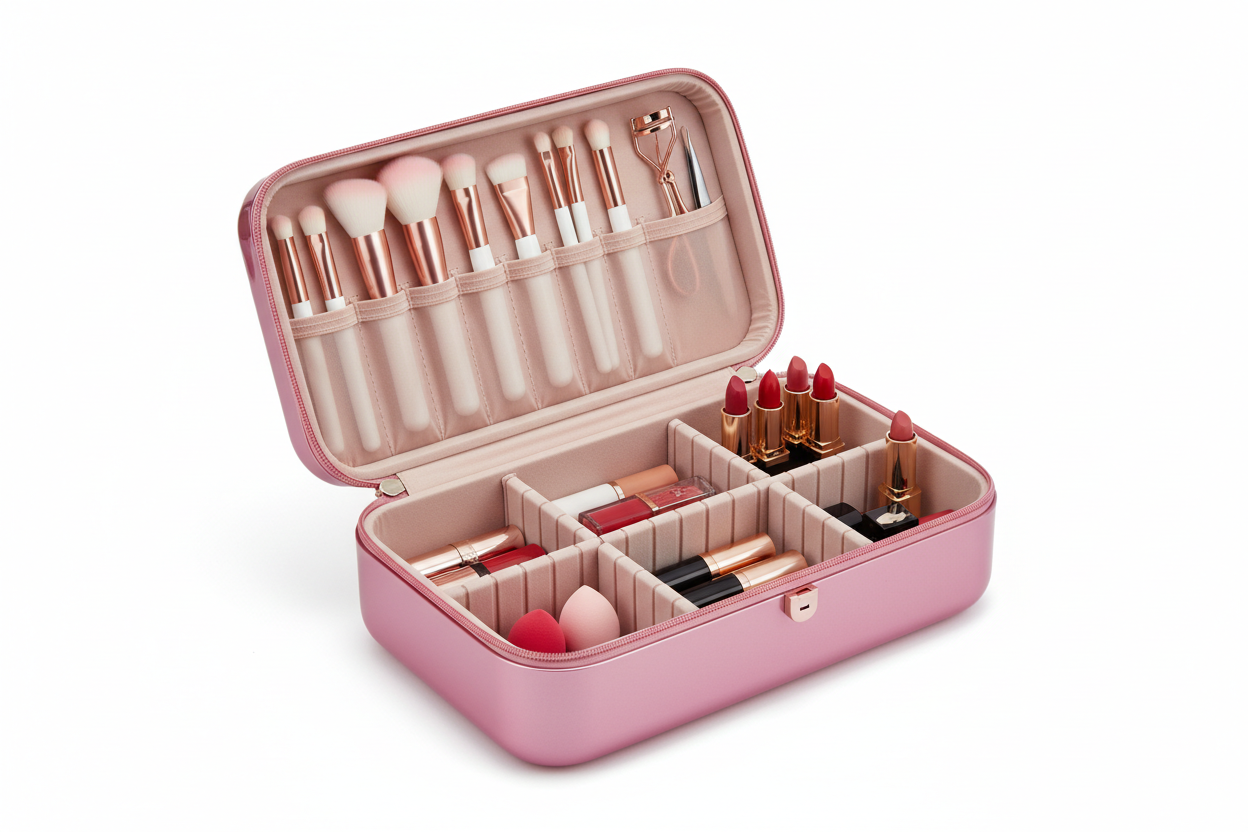 Maletín Organizador de Maquillaje Grande Rosa – 7 Compartimentos Rígido Portátil